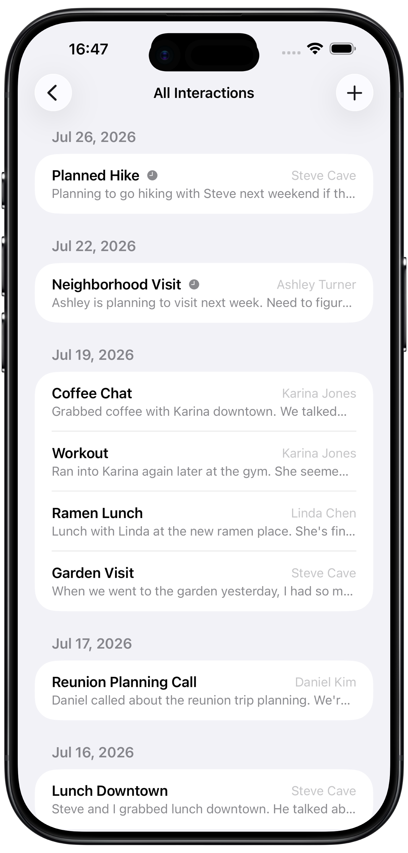Screenshot showing how TKIT displays a list of moments and interactions with everyone who you choose to save in the app.