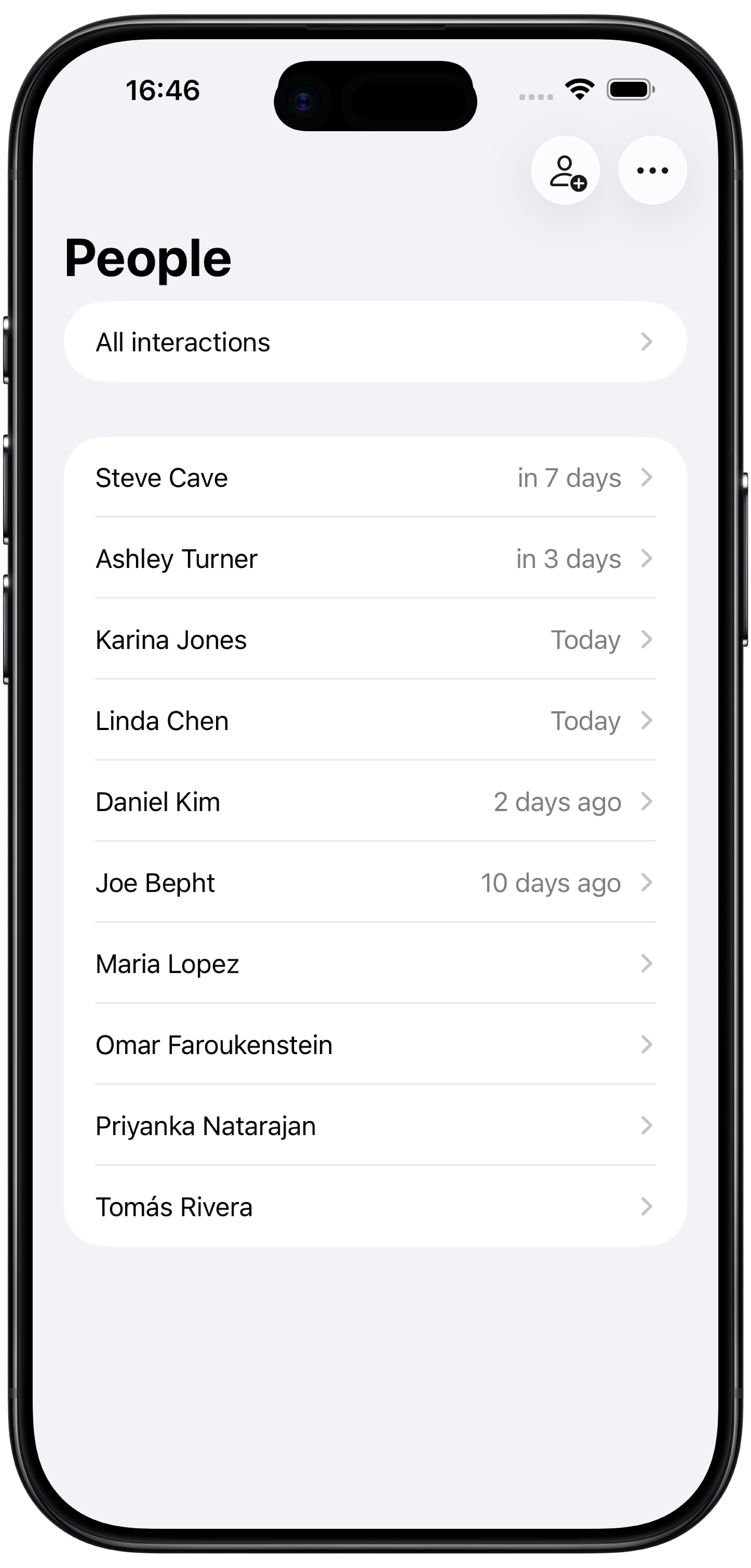 Screenshot showing how TKIT displays a list of people who you choose to save in the app.