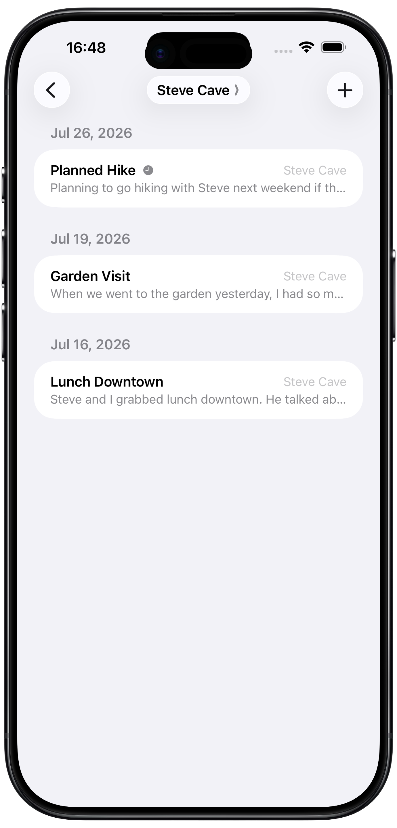Screenshot showing how TKIT displays a list of interactions of a single individual.